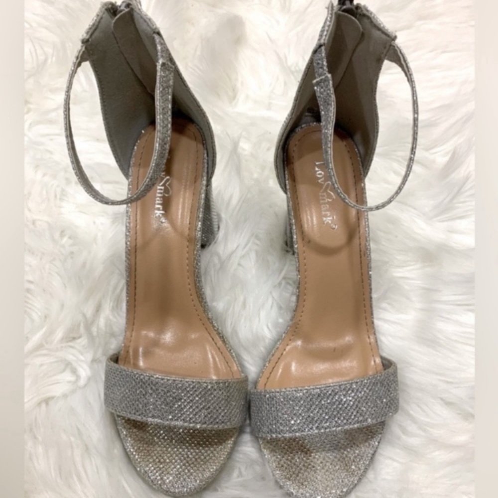 Silver glitter shimmer ankle strap block heels